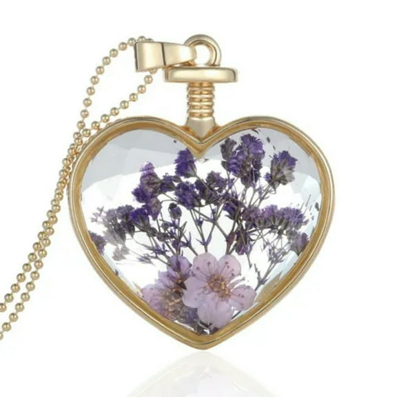 EOEMY Natural Dried Real Flower Pendant Necklace Square Round Heart Glass Locket Xmas-29-Heart