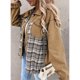thumbnail image 3 of Chaqueta vaquera para mujer, cuello de solapa, cierre con botones, hombros caídos, 2 bolsillos en el pecho, chaqueta vaquera empalmada a cuadros, abrigo caqui L, 3 of 6