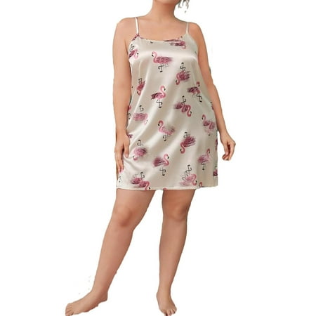 

Cute Flamingo Spaghetti Strap Slip Dress Beige Sleeveless Plus Size Nightgowns & Sleepshirts