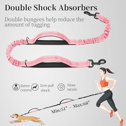 Hands Free Dog Leash with Zipper Pouch, Dual Padded Handles and Durable Bungee for Walking, Jogging and Running Your Dog (Baby Pink, 8-25 lbs, Medium)