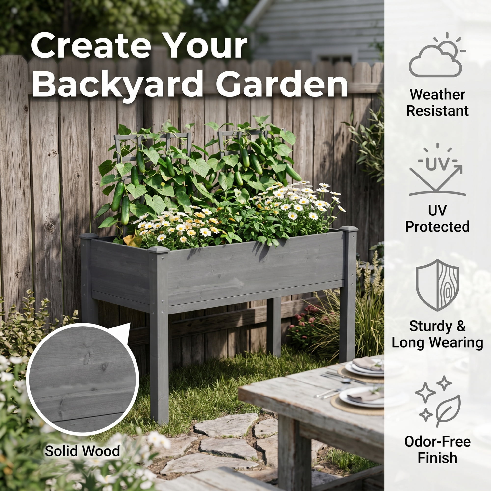 Leumius 48x24x30 Inch Raised Garden Bed with Legs, Elevated Wooden Planter Box for Outdoor Plants Flowers Fruits Vegetable Herb Growing Grey