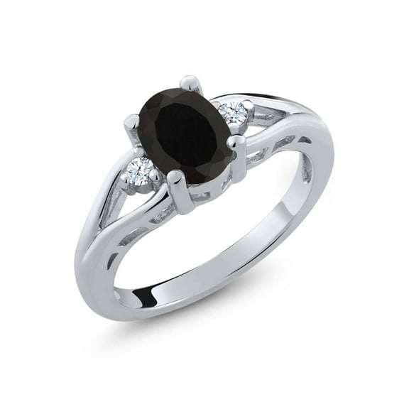 Gem Stone King 925 Sterling Silver Black Onyx 3 Stone Engagement Ring for Women | 1.31 Cttw | Oval 8X6MM | Round 2MM | Gemstone Birthstone | Available in Size 5,6,7,8,9