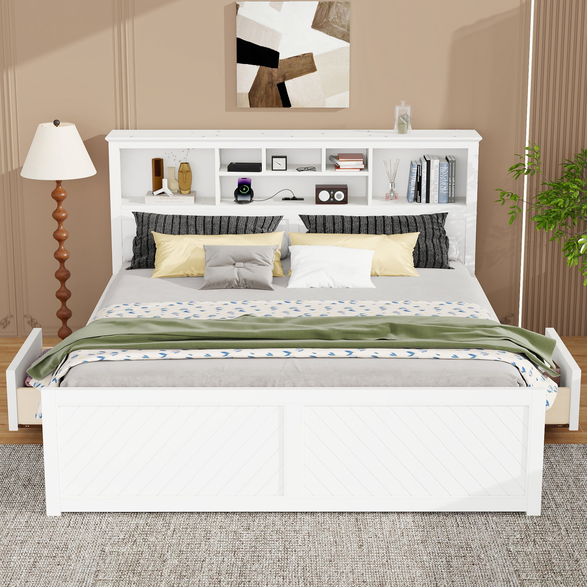 Euroco Wood King Size Platform Bed with Storage Headboard, Drawers and USB Charging Station, White