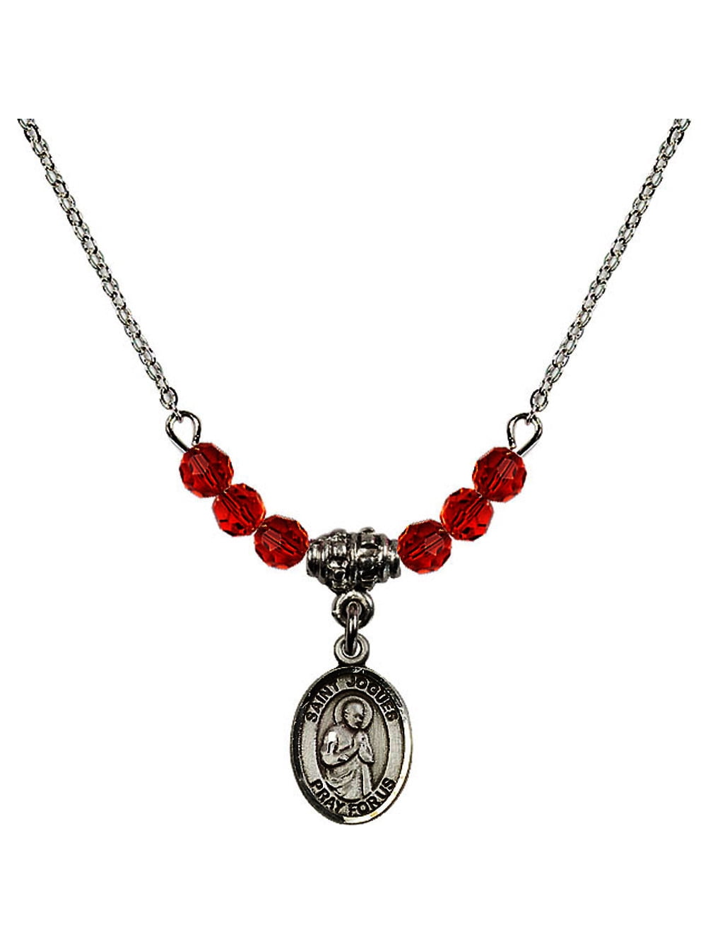 18-Inch Rhodium Plated Necklace with 6mm Sapphire Birthstone Beads and Sterling Silver Saint John Baptist de la Salle Charm.