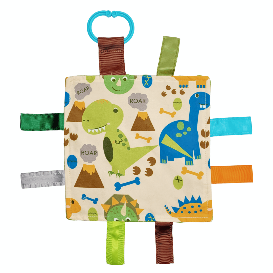 Baby Jack & Co 8x8" Dinosaur T-Rex Lovey Tag Sensory Toy with Clip - Crinkle Plush - Sewn Ribbons No Loops - Tummy Time & Teething Soother - Learn Shapes & Colors - Newborn to Preschool