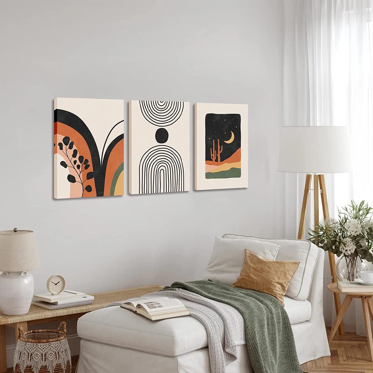 Boho Wall Art, Mid-Century Modern Wall Prints, Minimalist Framed Canvas Paintings Black Beige Orange Moon Plant Desert Geometric Neutral Abstract Artwork Pictures Boho Wall Decor 12"x16"x 3