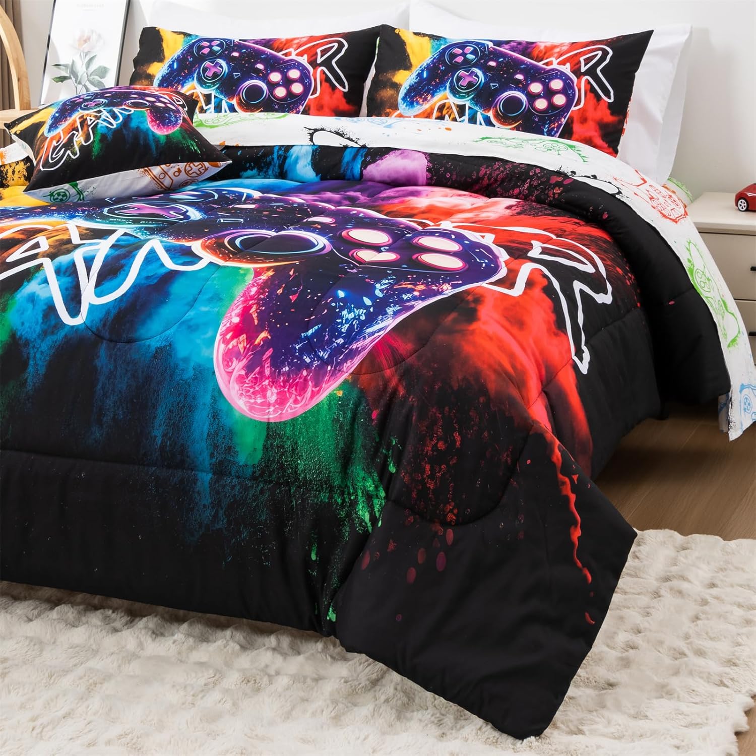 NTBED Gamer Gaming Bedding Sets 3D Gamepad Comforter Sets for Boys Games Console Action Buttons Novelty Colorful Game Controller Modern Room Decor Home Quilt Set (Black-Purple, Twin 6PCS)