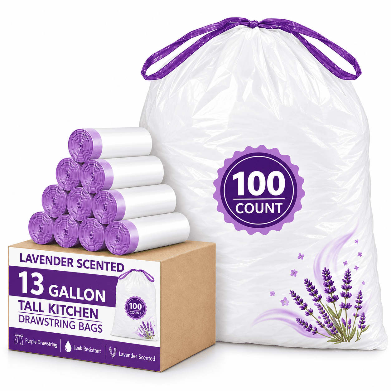 13 Gallon Trash Bags Lavender Scented (100 Count), Tall Kitchen Drawstring Garbage Bags 10-13 Gallon, High Density Bags (White)