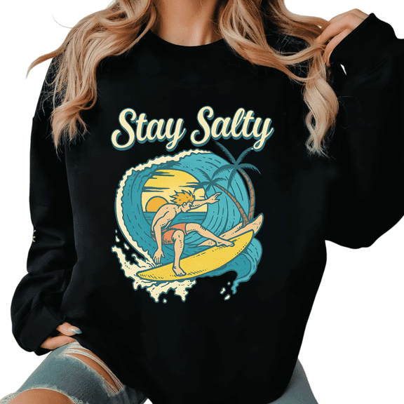 Black Print Sweatshirt Graphic Sweatshirt Stay Salty Surfer Beach Wave Summer Casual Wear S-3XL Tops