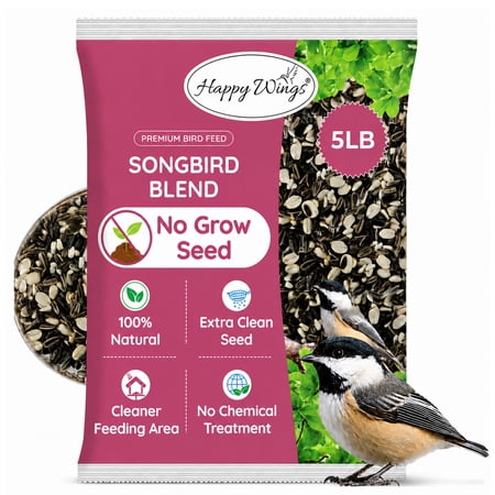 Happy Wings Songbird Blend Bird Food, Mix of Sunflower Seeds/Kernels, Safflower Seeds and Peanuts, 5 Pounds | No Grow Seed | Birdseed for Wild Birds, Dry