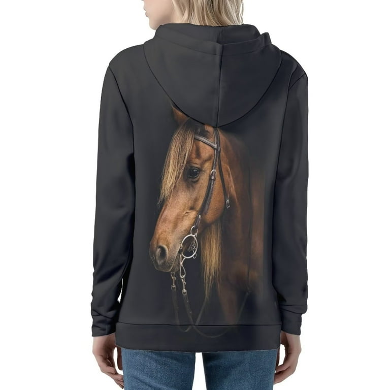 Renewold Full Zip Up Hoodies for Women Youth Horse Print Coat Long