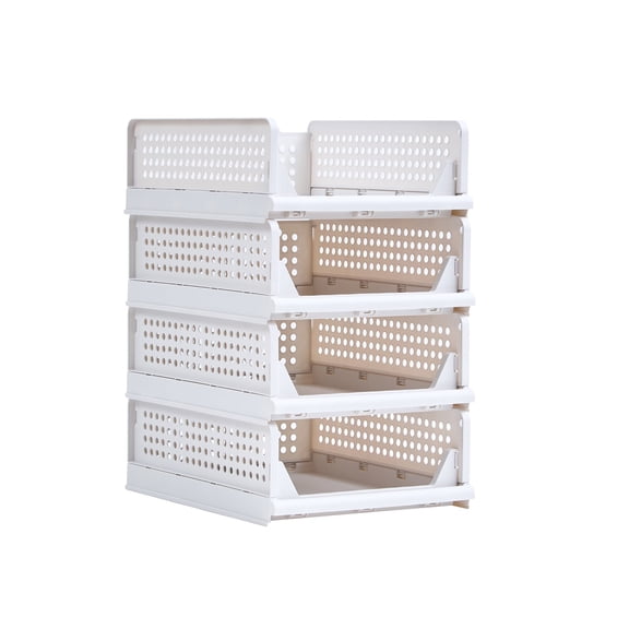 VECELO 4 Pack Stackable Plastic Storage Basket, M-Size Foldable Closet Organizers and Storage Bins Drawer Shelf, Storage Container for Wardrobe Kitchen Bathroom Office, White