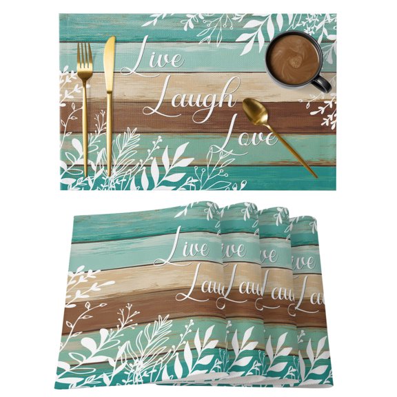 Farmhouse Leaves Placemats Set of 2, Country Vintage Teal Brown Green Wood Grain Non-Slip Place Mats Washable Table Mats for Kitchen Dining Table Decorations Indoor/Outdoor