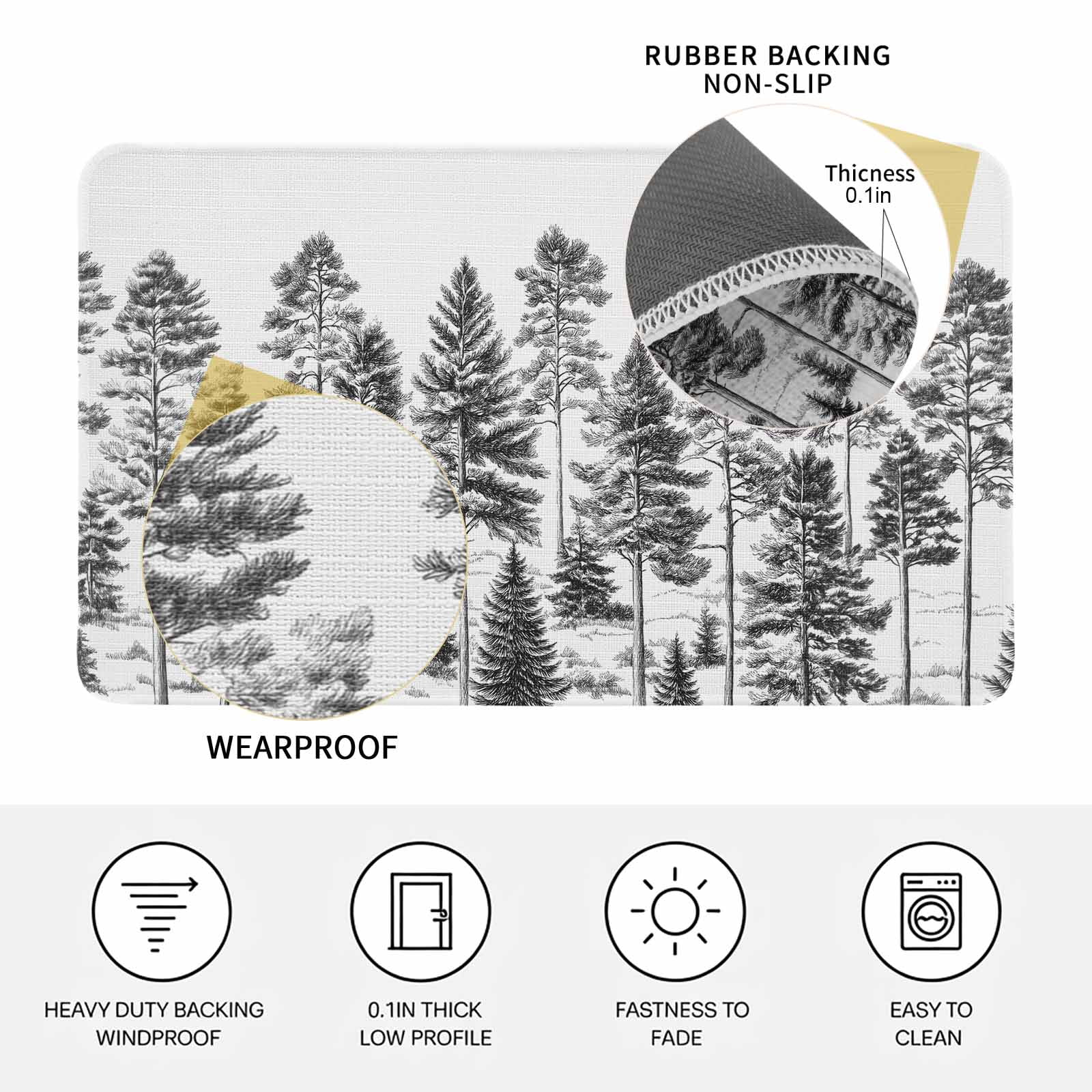 Black Pine Tree Doormat Outdoor Entrance 24"x36", Vintage Watercolor Botanical Absorb Moisture Dirt Door Mats, Non-Slip Rubber Backing Floor Mats Indoor, Low-Profile Front Door Rugs