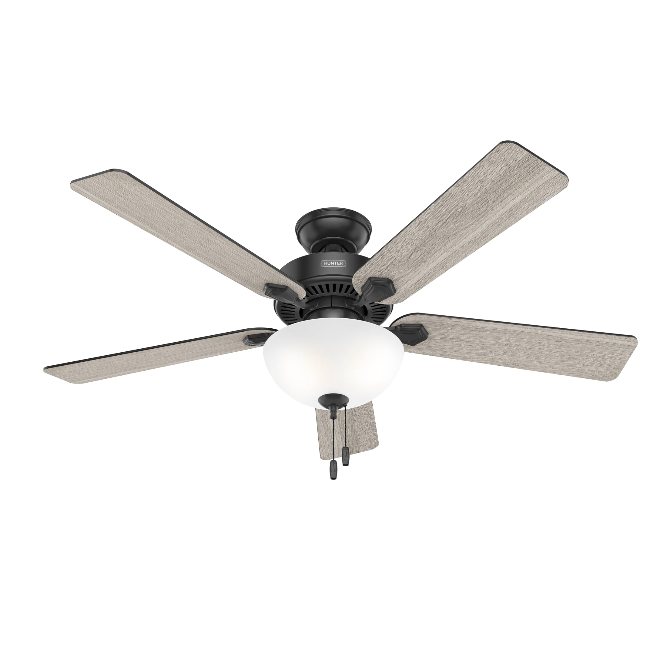 Hunter 52 inch Indoor Ceiling Fan with LED Light - Black Ceiling Fan with Pull Chain, For Bedroom, Living Room, or Kitchen, Standard Mount, No Remote, 5 Blades - Swanson 51738, Matte Black