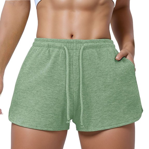 Womens Waffle Knit Pajama Shorts Soft Drawstring Lounge Bottoms Casual Workout Shorts with Pockets Light Green XXL