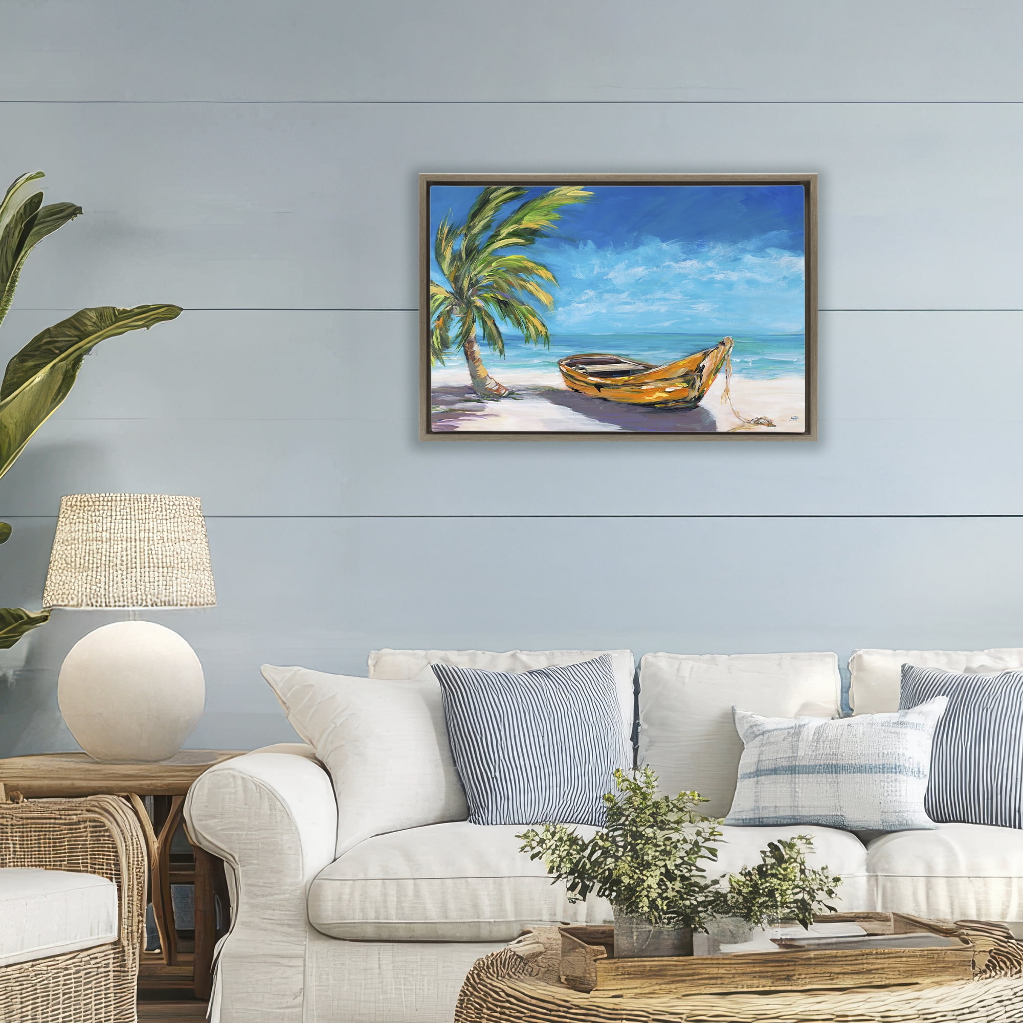 Stupell Industries Lost Island Palm & Boat Brown Framed Floater Canvas Wall Art, design by Julie DeRice