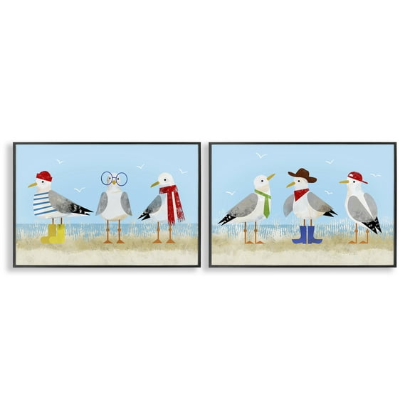 Stupell Industries Stylish Seagulls at Beach Animals Painting Black Framed Art Print Wall Art, 18 x 12, Set of 2