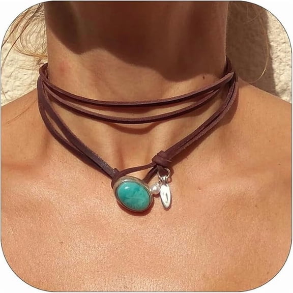 SkyAuks Boho Necklaces for Women Country Concert Outfits Black Necklaces Trendy Long Necklaces Western Bohemian Jewelry Brown Suede Wrap Leather Necklace Halloween Renaissance Costume Women 2025