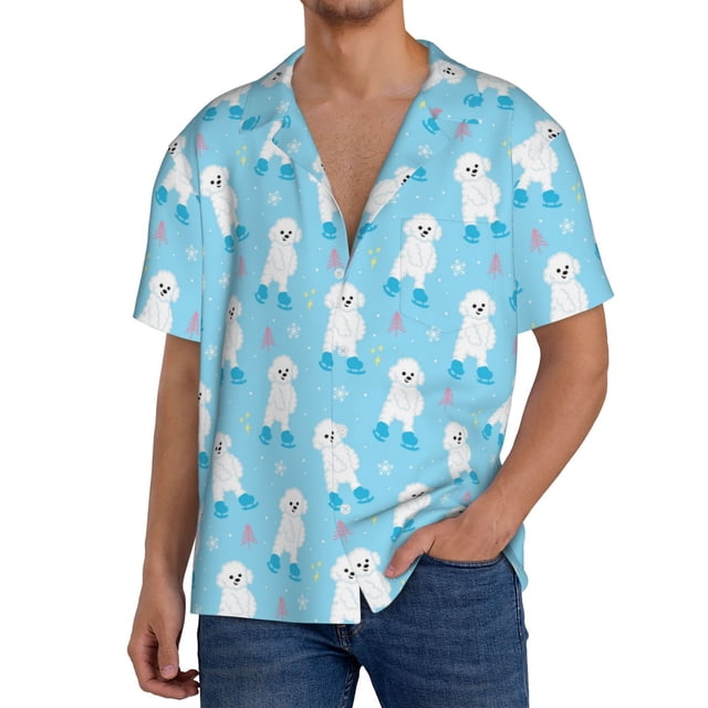 Balery Skating Poodle Fun Camisa Casual de Manga Corta con Botones para Hombre, Texturizada, Estilo Cubano, para Playa, Verano-Medium