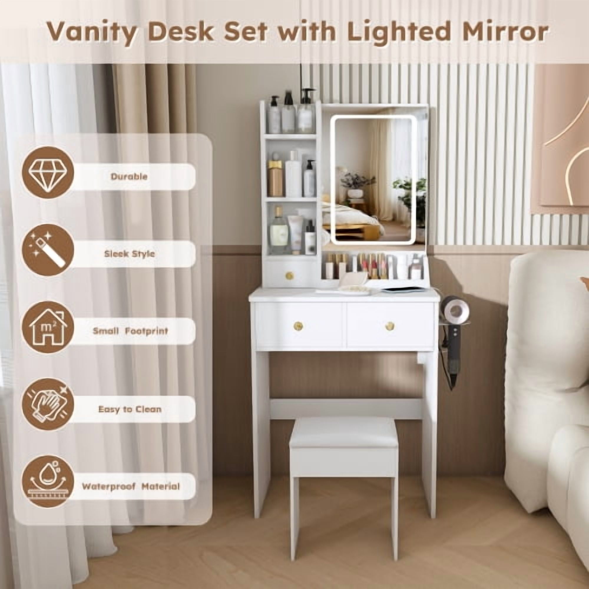 Modern small Vanity Desk ,featuring 3 modes of LED lighting with adjustable brightness, 3 drawers and multiple open storage shelves, a hair dryer holder and power socket, and a dressing chair. white