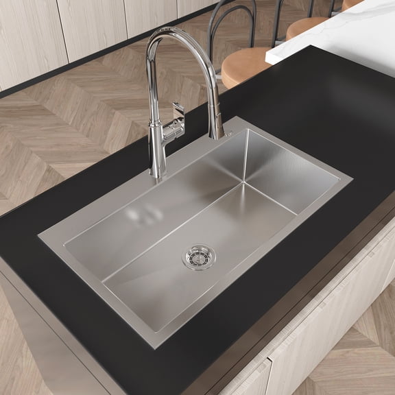 Boyuevi Stainless Steel Kitchen Sink, 32″x19″ Single Bowl, Overmount Handmade Sink in Brushed Nickel, with US Standard Drain and Hook, LS-SSBR02