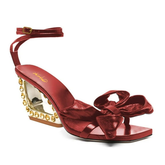 XYD Women Graceful Bowknot Open Square Toe Sandals Crystal Studs Chunky High Heels Evening Dressy Wedding Shoes Size 7 Red