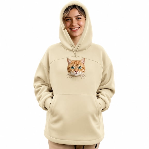Cat Hoodie with Pouch, Kangaroo-style Long Sleeve Hoodie for Women Trendy Workout Jacket Loose Fit Lightweight Hooded Top Jackets Casual Fall Sweatshirt Athletic Women,Beige,L