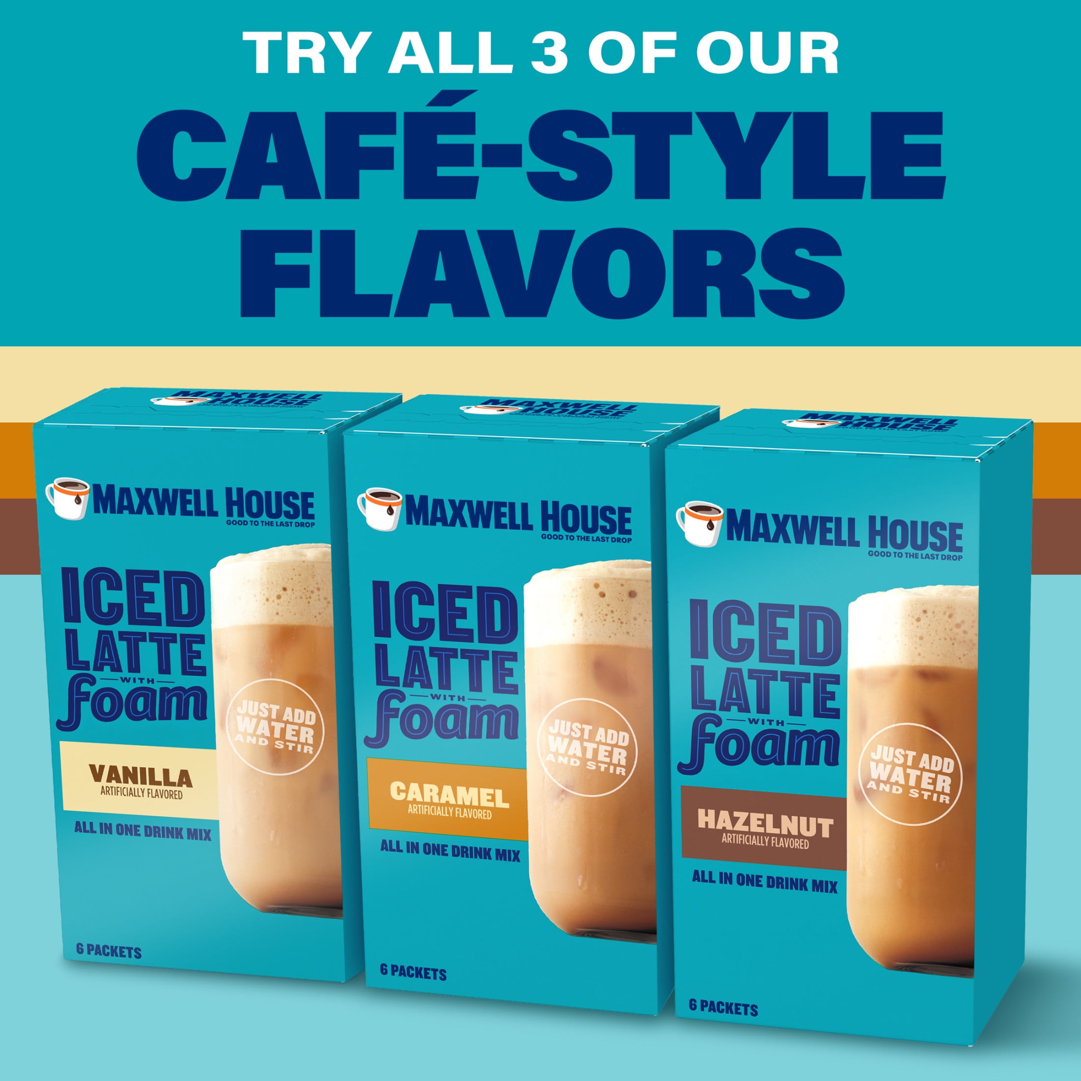 (3 pack) Maxwell House Iced Hazelnut Latte with Foam All in One Drink Mix, 5.82 oz, 6 Packets