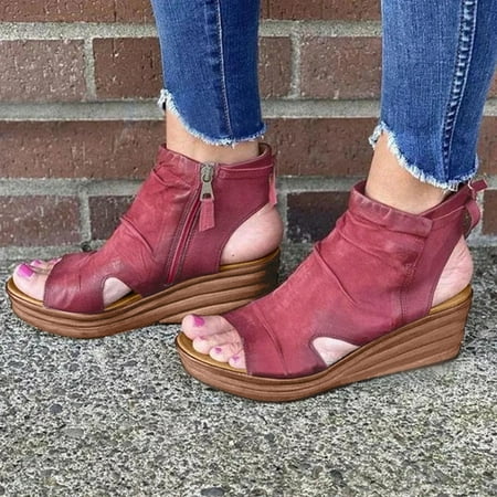 

〖Yilirongyumm〗 Red 40 Sandals Women Fish Fashion Solid Heel Wedge Mouth Buckle Platform Sandals Women s Casual Color Women s Sandals