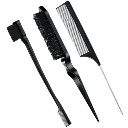Hair Styling Comb Set with Edge Brush, Teasing Brush, Rat Tail Comb, 3 Piece-Black