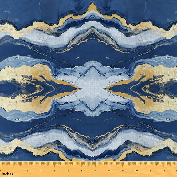 Castle Fairy Stone Pattern Fabric by the Yard 1 Yard,Blue Marble Home Decor Fabric by the Yard,Gold Metallic Room Decor Fabric by the Yard,Breathable Teenagers Home Decor