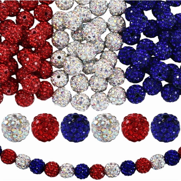 1 Box 90PCS 10MM Independence Day Patriotic Beads 4th of July USA Rhinestone Disco Ball Round Diamond Sparkle Crystal Clay Pave Spacer Bead