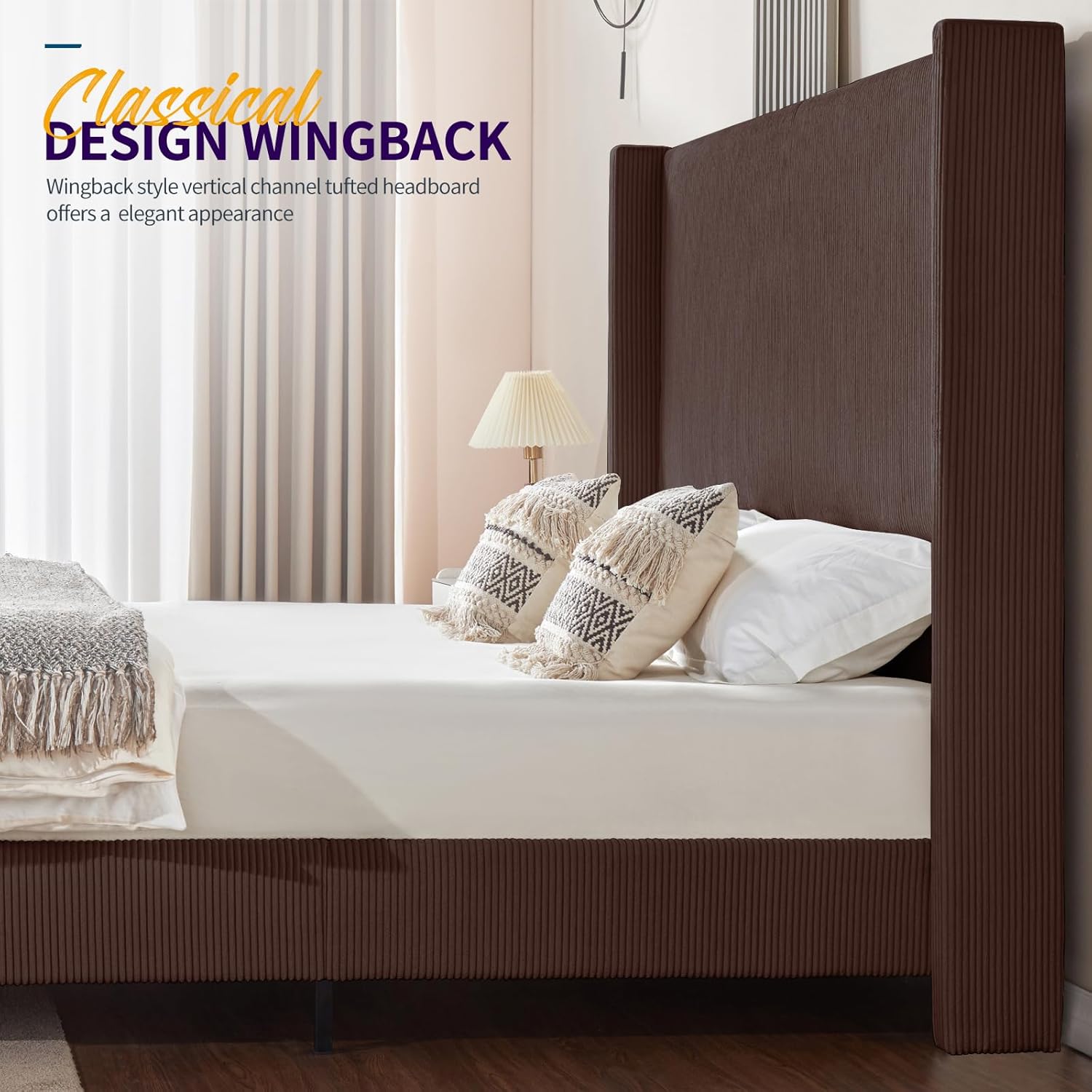 VanAcc Queen Size Platform Bed Frame with 62" Headboard Corduroy Upholstered Bed/Wingback/No Box Spring Needed/Noise Free/Brown