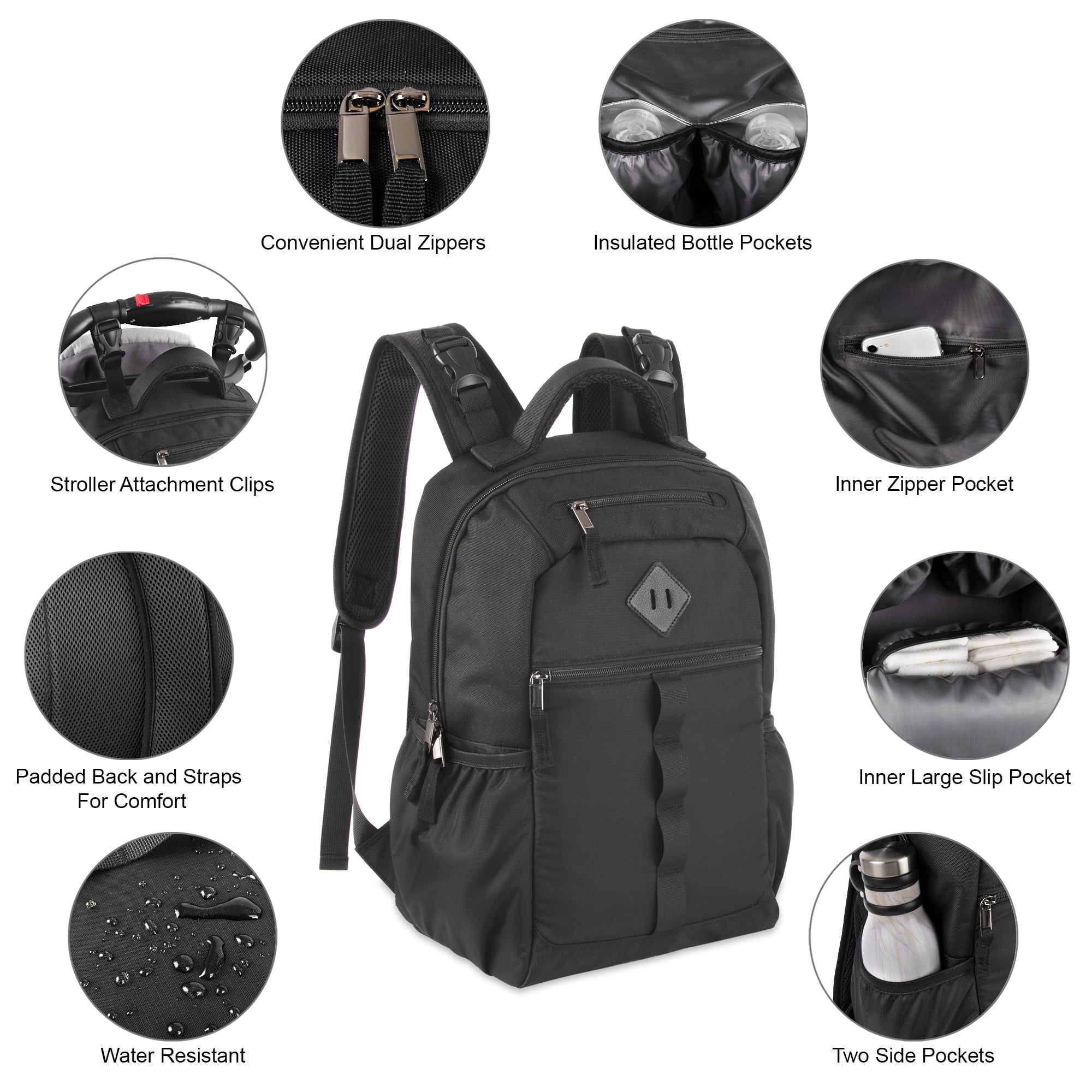 Baby Essentials Multi-Pocket Dual Zipper Closure Diaper Bag Backpack with Matching Changing Pad, Insulated Bottle Pockets and Stroller Straps in Black
