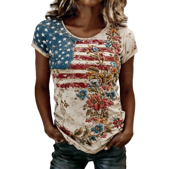 Patriotic Shirts 4th of July T Shirts for Women Vintage Floral Print Short Sleeve Casual Crew Neck Independence Day Tops Beige L