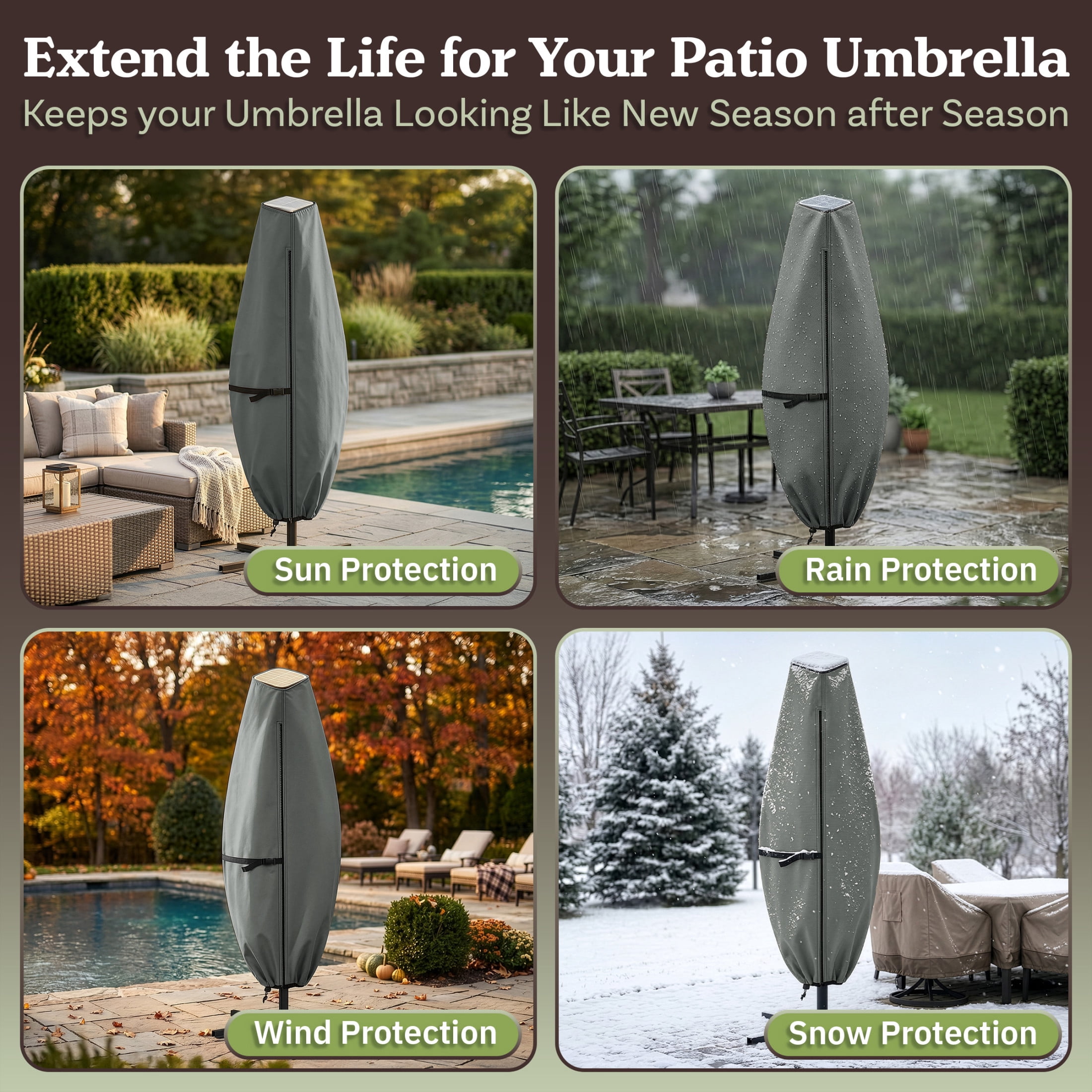 Pure Garden Waterproof Solar Outdoor Umbrella Cover for 11ft Round or 8ft Square, Gray