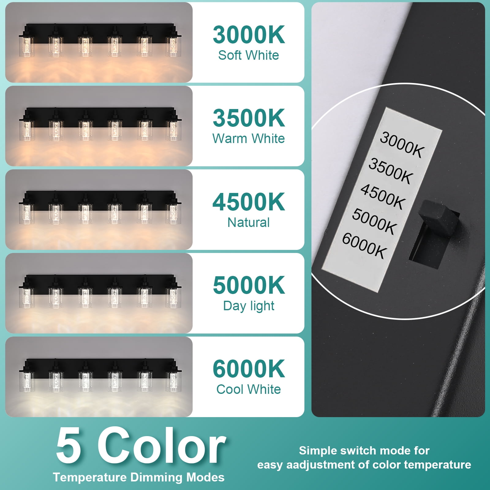 Melucee 5CCT Dimmable LED Black Vanity Lights 6-light, Modern Vanity Lighting Fixtures with Crystal Light Columns and Clear Glass for Bathroom Bedroom