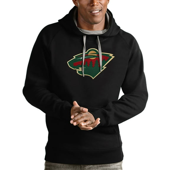 Men's Antigua Black Minnesota Wild Logo Victory Pullover Hoodie