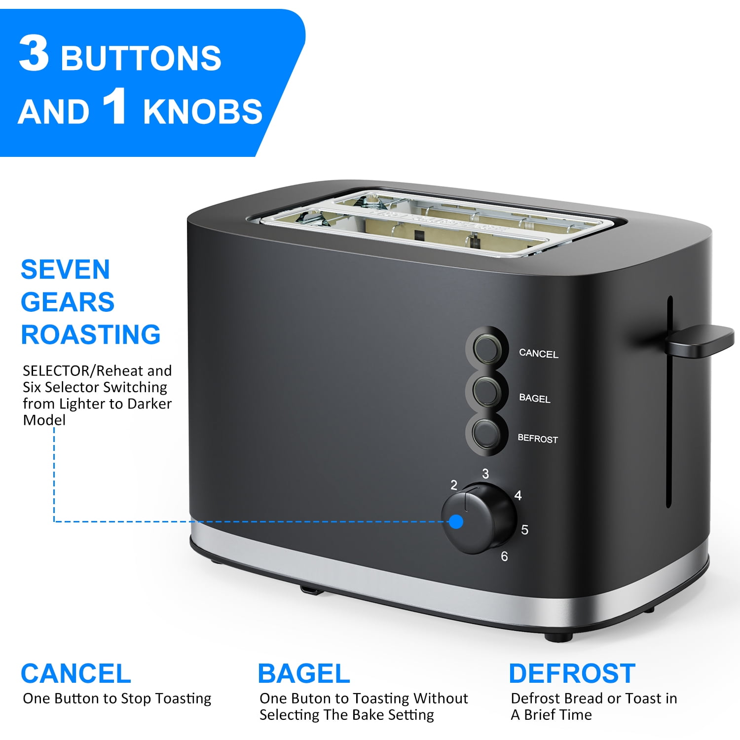 TINANA Wide Slot 2 Slice Toaster: Bread Toaster with Removable Crumb Tray, Small Toaster, 6 Bread Shade Settings, Auto-Shutoff, Toast Boost, Cord Storage Under Base, Black, 900W