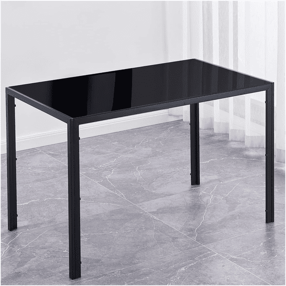 Black Rectangular Glass Top Dining Table with Metal Frame, Modern Kitchen Table for 4