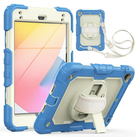 Allytech iPad mini 5 Case with Screen Protector, iPad mini 4 Case, Heavy Duty Rugged Protective Shockproof Rotating Stand Hand Shoulder Strap Kid Proof Case Cover for Apple iPad mini 5th 4th Gen,Blue