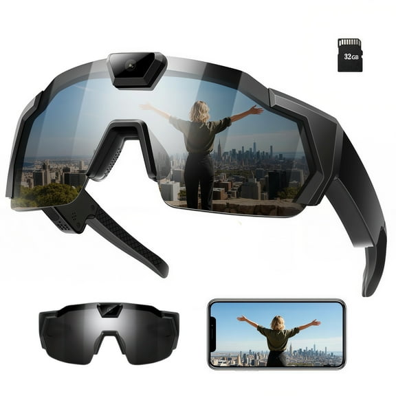 Smart Camera Glasses for Action Sports, HD Video Recording Glasses with 32GB Memory, Action Audio Camera Sunglasses for Men Women Outdoor(Black)