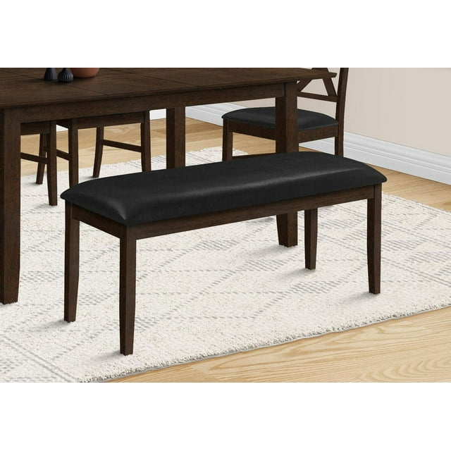 48-inch rectangular bench with black leather-look upholstered seat and brown solid wood frame, suitable for dining rooms or entryways.