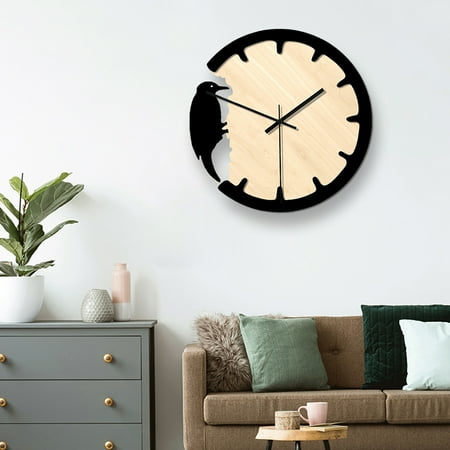 Masteelf Retro Wall Clock Home Wooden Clock Round Shape Woodpecker Decorative Art Clock Unique Gift for Teacher Without Batteries