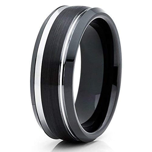 8mm Black Brushed Tungsten Carbide Ring Unique Silver Edged Wedding Band (6) (7)