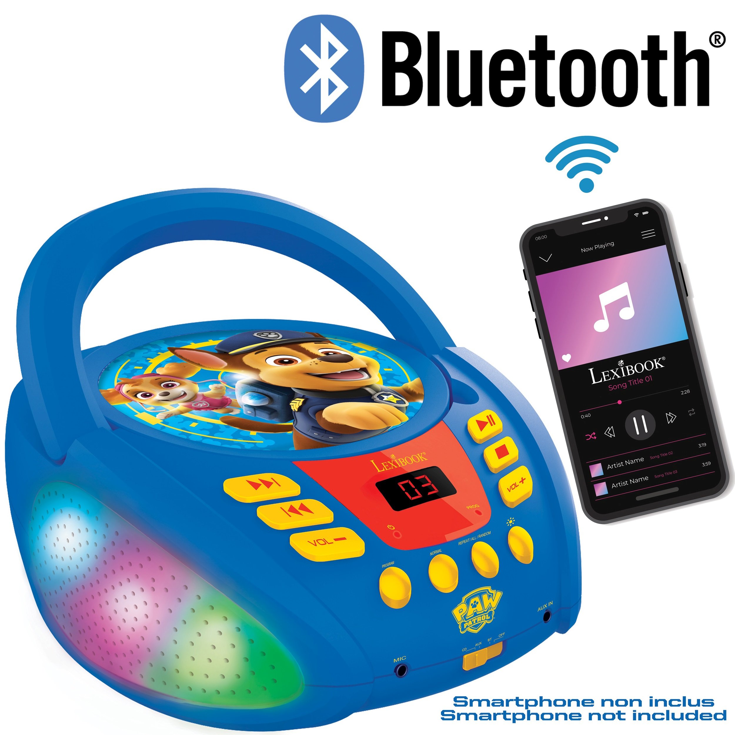 Lexibook - Paw Patrol - Bluetooth CD player for kids – Portable, Multicoloured light effects, Microphone jack, Aux-in jack, AC or battery-operated, Girls, Boys, Blue/Red
