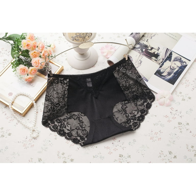 Women's Lace French Underwear Mid-Waist Sexy Breathable Hipster Panties  Stretch Seamless Briefs GB13 Black XL 