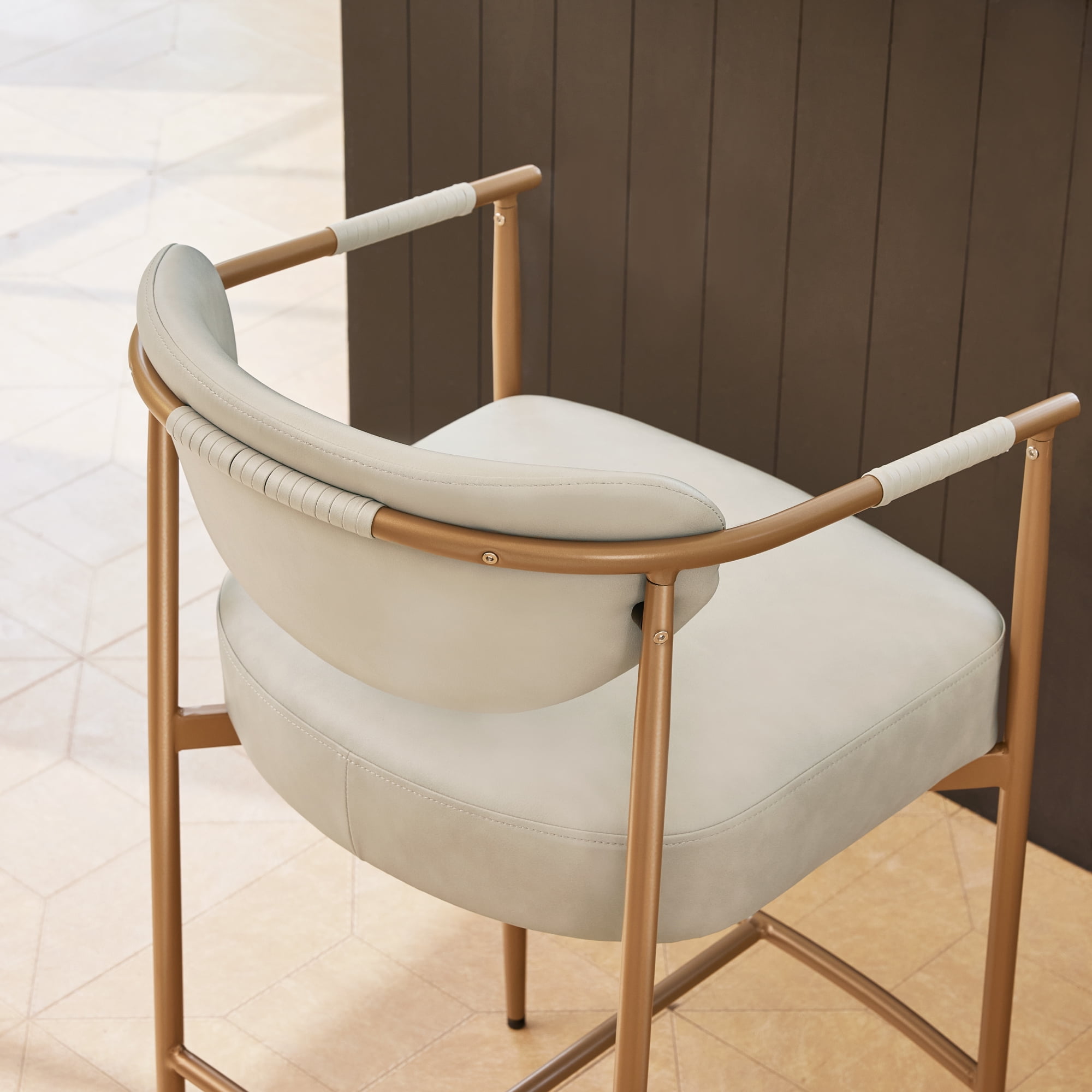 Spruce & Spring Modern Counter Bar Stool with Woven Strap Arms & Gold Metal Frame Set of 2, Beige with Gold Frame