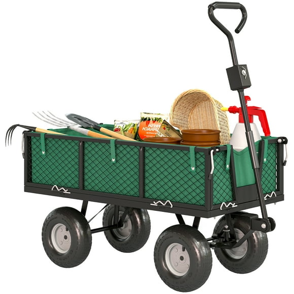 Outsunny Garden Wagon Cart with Removable Liner, Quick-Release Sides, Green